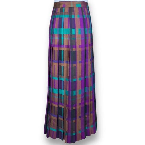 Vintage Christian Dior 80s Purple Plaid Wool Pleated Maxi Skirt Holiday Longline - Picture 5 of 11